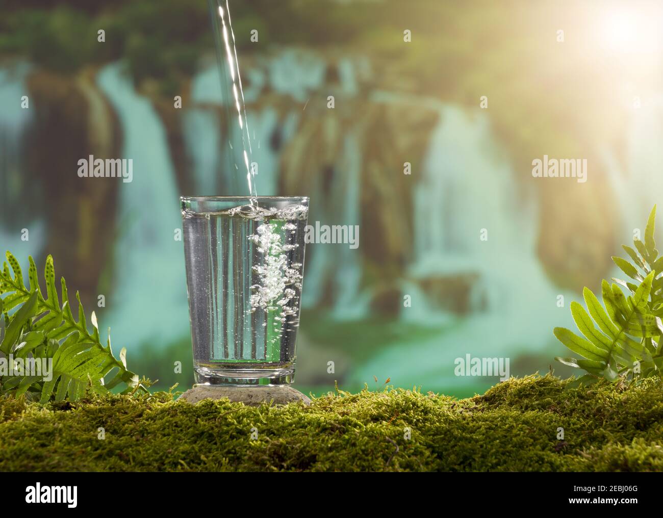 Ein Glas Wasser auf einem moosbedeckten Stein. Der Wald Hintergrund ist Wasserfall Stockfoto