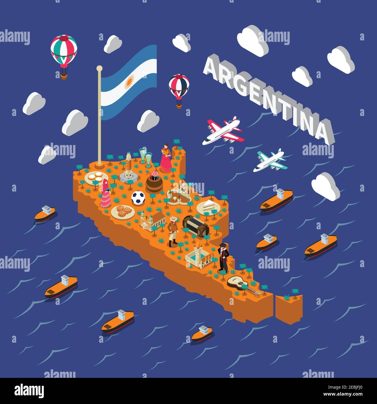 Argentinien Sehenswürdigkeiten für Touristen und Reisende isometrische Karte Poster mit National Football Symbole und Obelisk Denkmal Vektor Illustration Stock Vektor