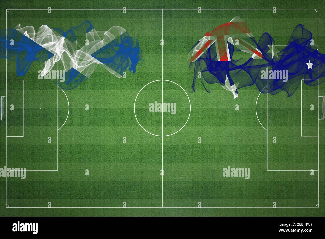 Schottland vs Australien Fußballspiel, Nationalfarben, Nationalflaggen, Fußballfeld, Fußballspiel, Wettbewerbskonzept, Kopierraum Stockfoto