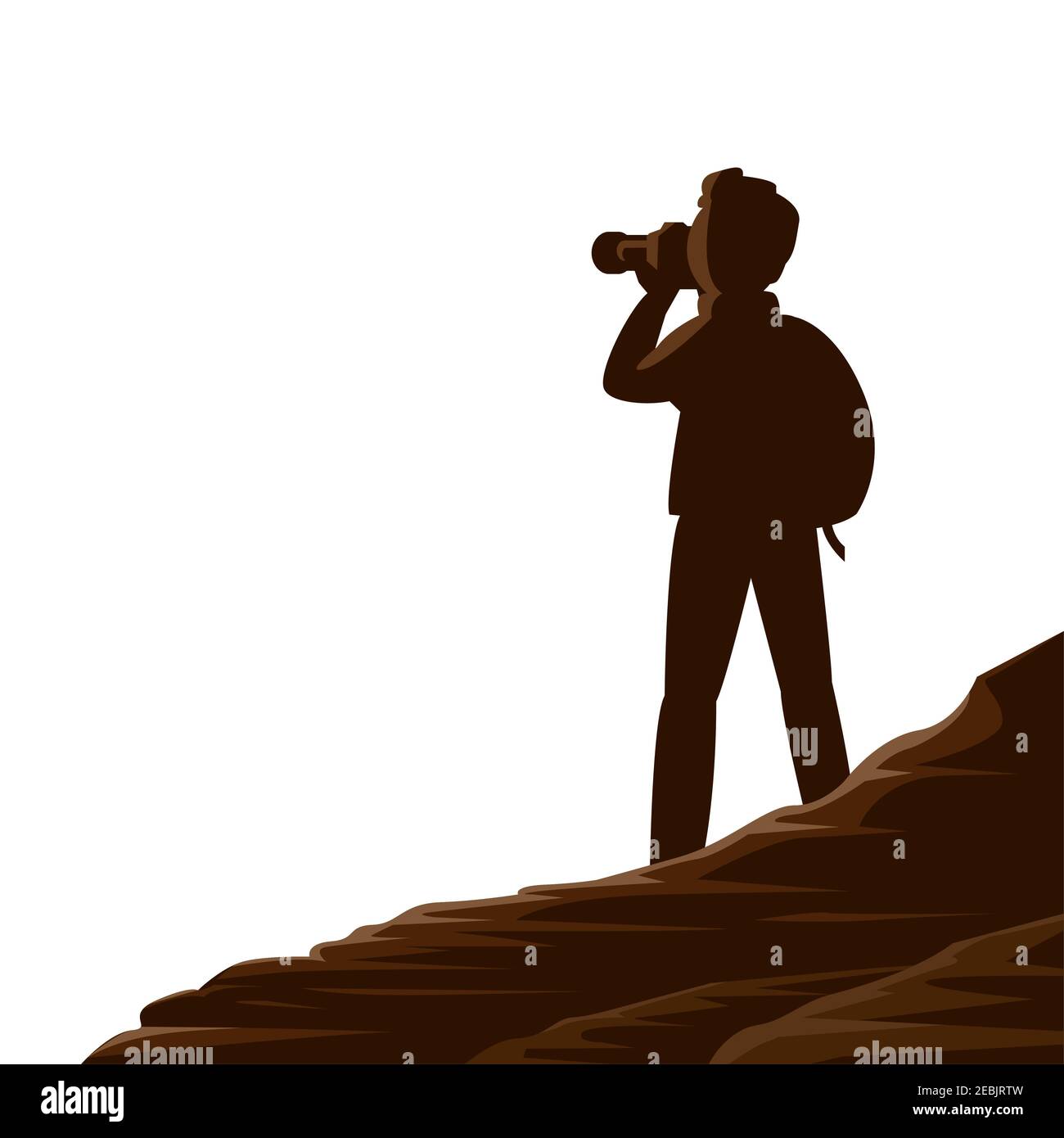 Mann Tourist mit einer Kamera in den Bergen. Reisen in der schönen Natur. Silhouette Illustration auf weißem Hintergrund. Stockfoto