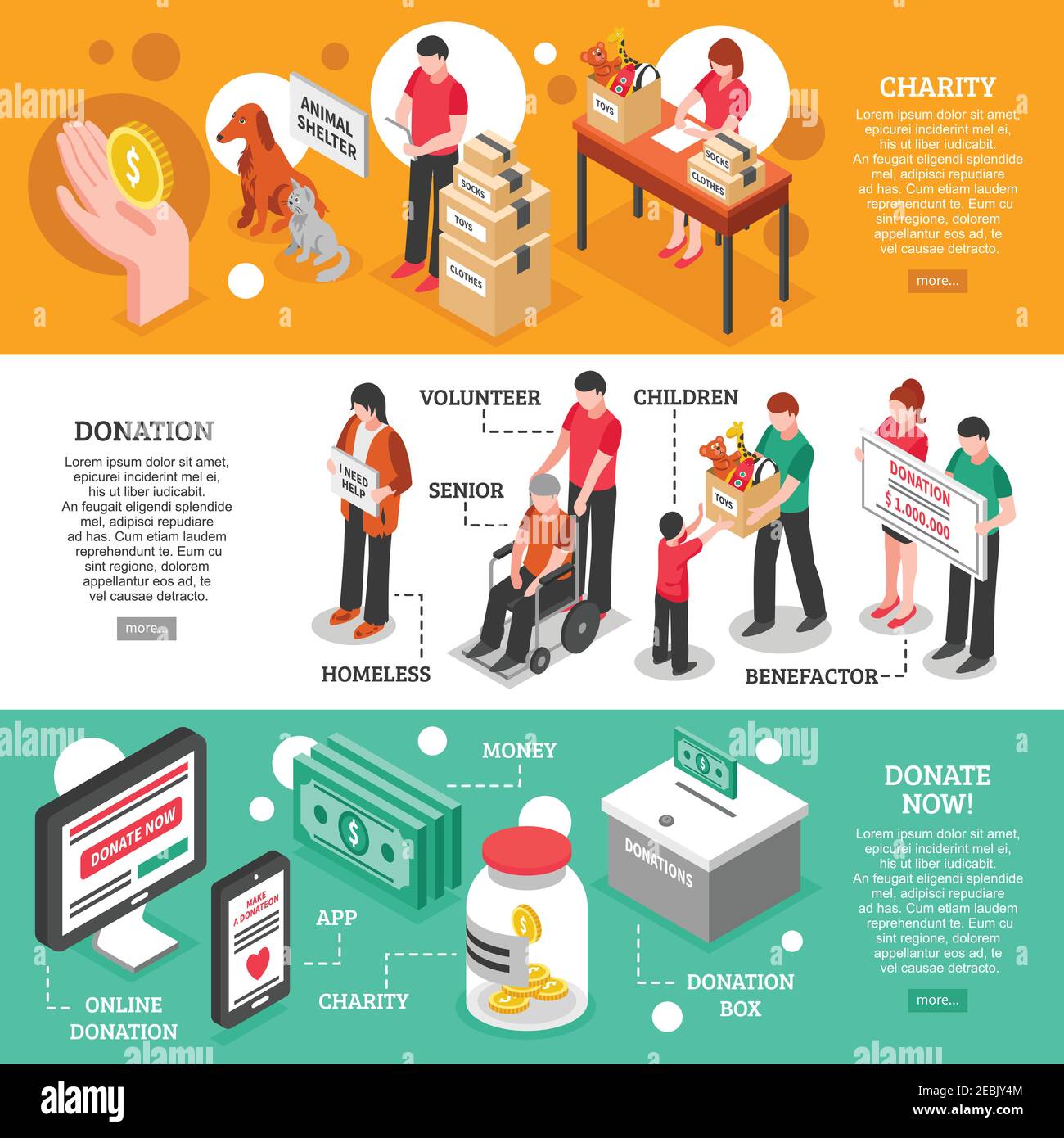 Charity Spende Zentrum Hilfe und Pflege für Menschen und Tiere Isometrische Banner isolierte Vektordarstellung Stock Vektor