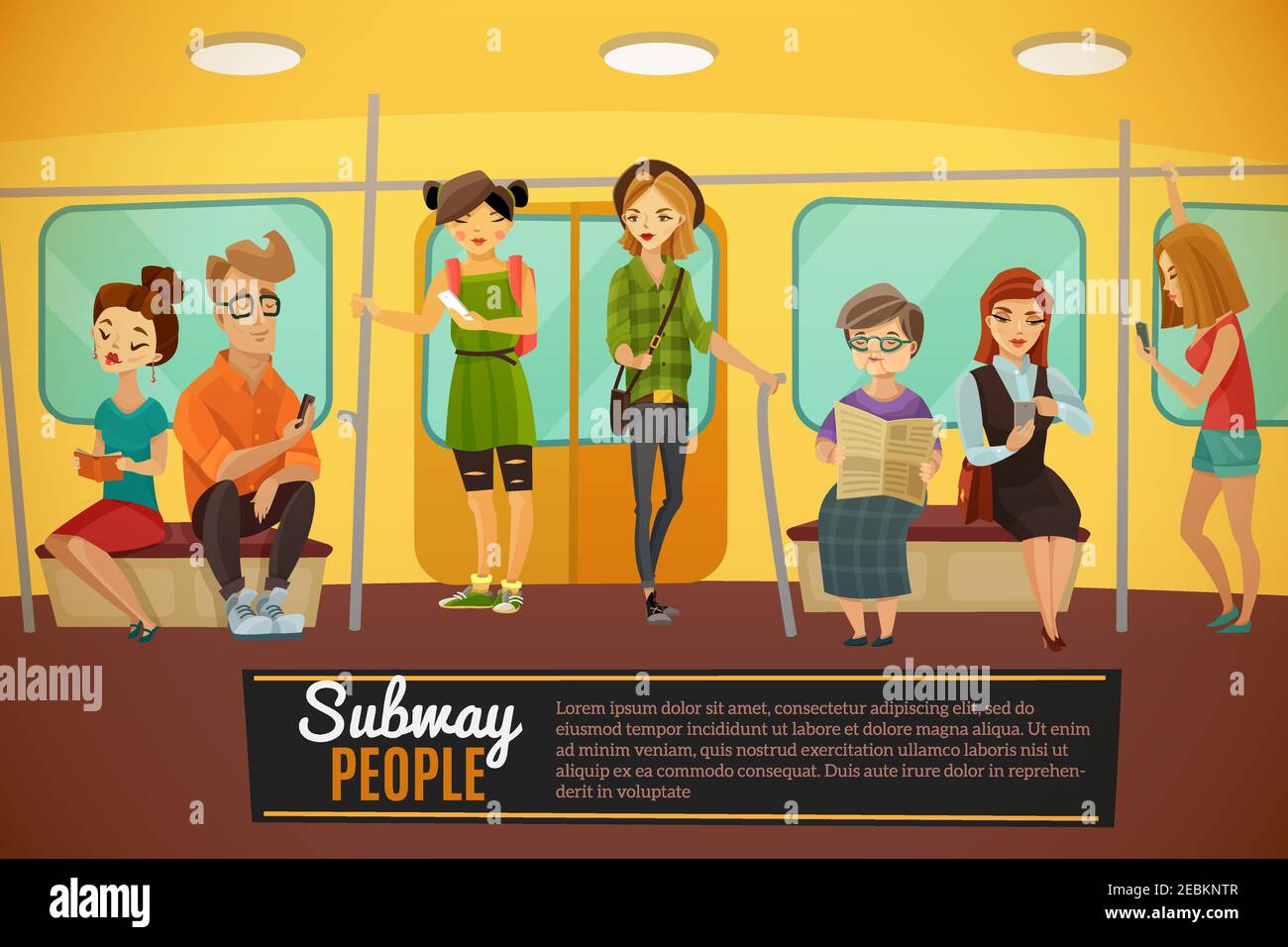 U-Bahn-Hintergrund mit U-Bahn-Menschen und Aktivitätssymbole flach vektorgrafik Stock Vektor