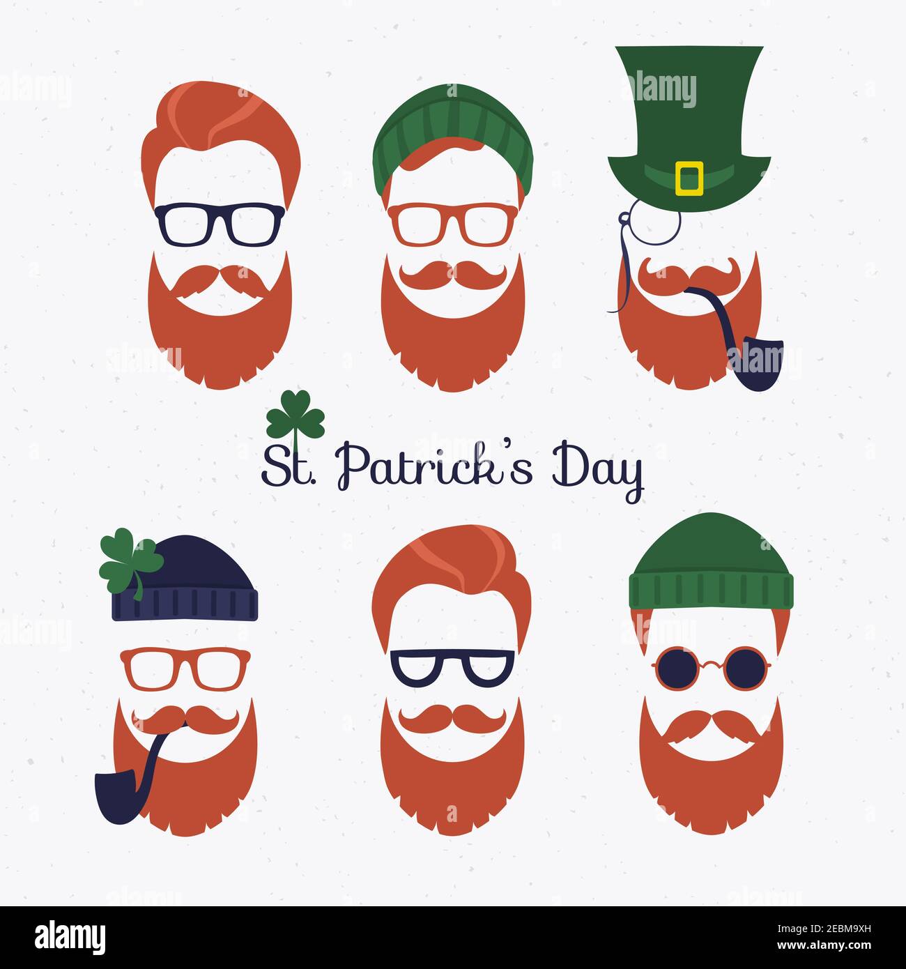 St. Patrick's Day Set von Charakteren Kobold mit grünem Hut, rotem Bart, Rauchpfeife und Brille Stock Vektor
