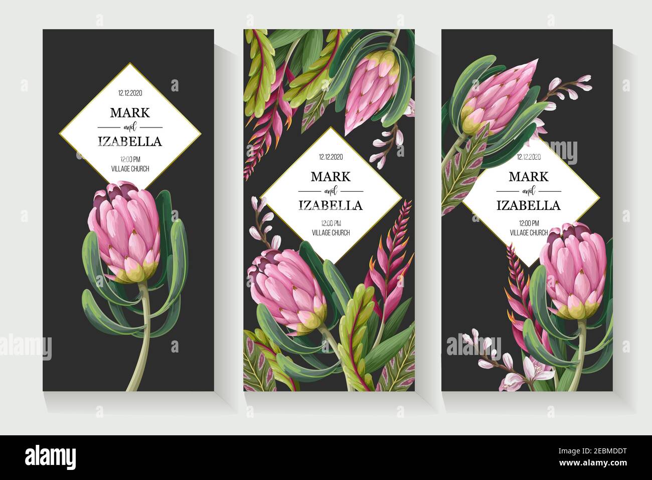 Hochzeitseinladung mit Blättern, protea, tropischen Blumen und goldenen Elementen im Aquarellstil Stock Vektor