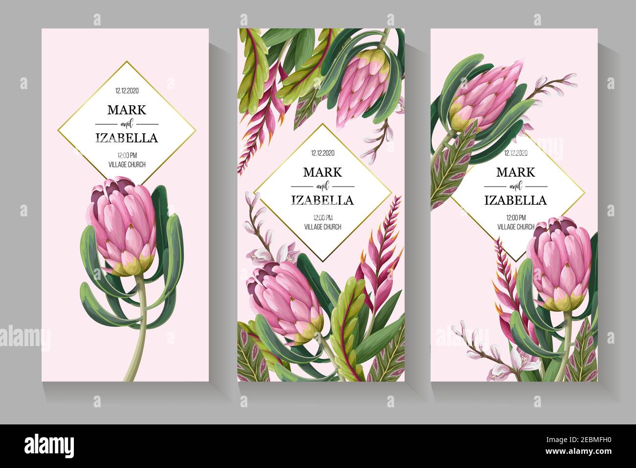 Hochzeitseinladung mit Blättern, protea, tropischen Blumen und goldenen Elementen im Aquarellstil Stock Vektor