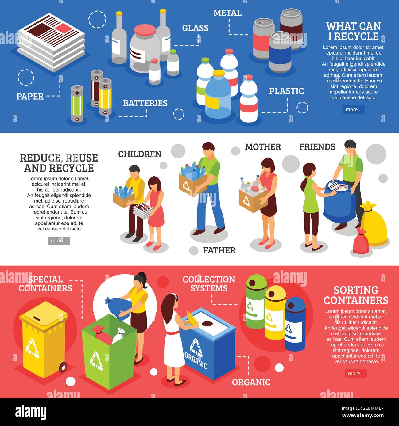 Drei horizontale Müllrecycling Banner mit isometrischen Abbildungen von gesetzt Menschen sortieren Müll und Container Bilder Vektor-Illustration Stock Vektor