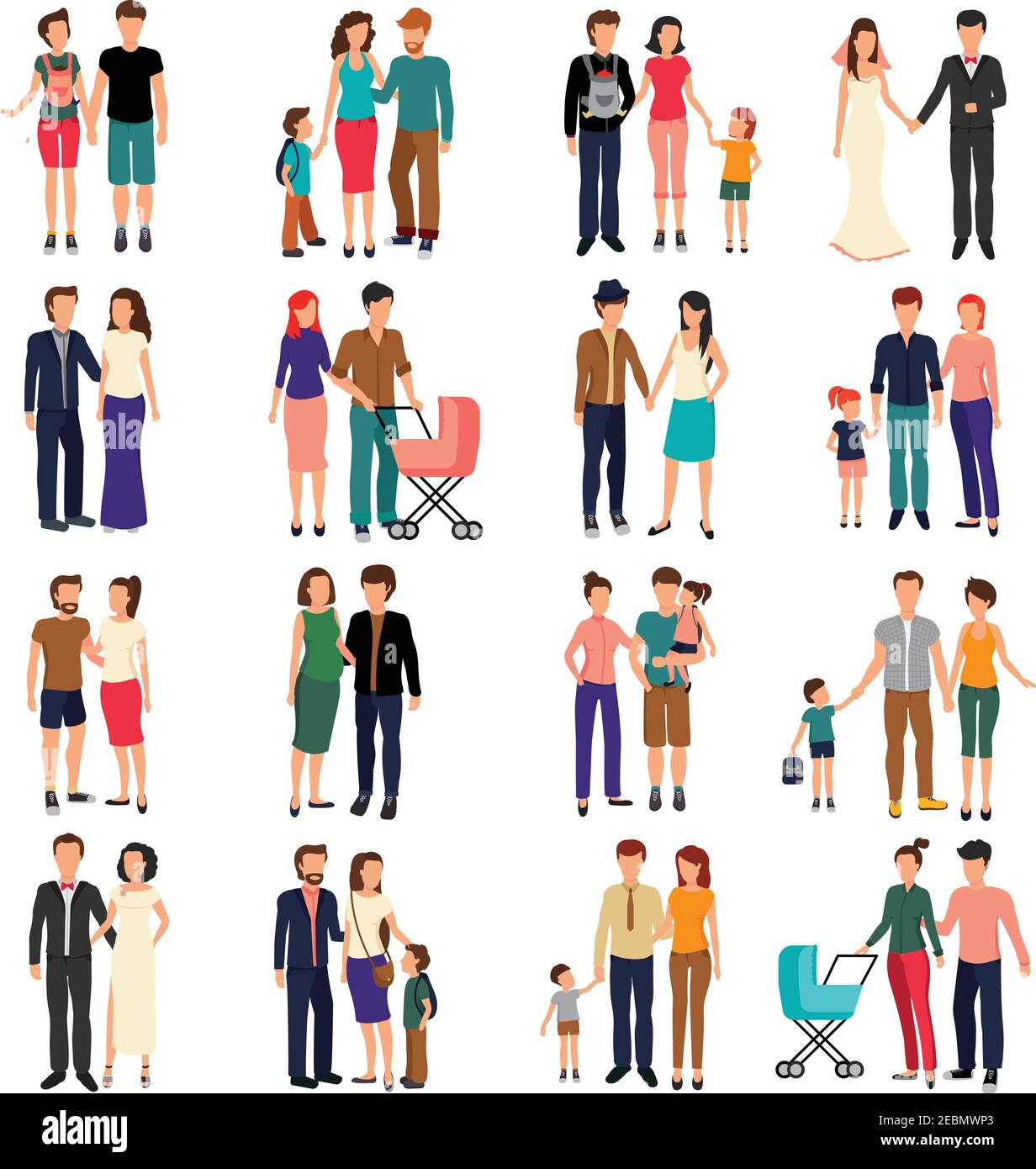 Heterosexuelle Paare und Familien mit Kindern flat set isoliert auf Vektorgrafik mit weißem Hintergrund Stock Vektor