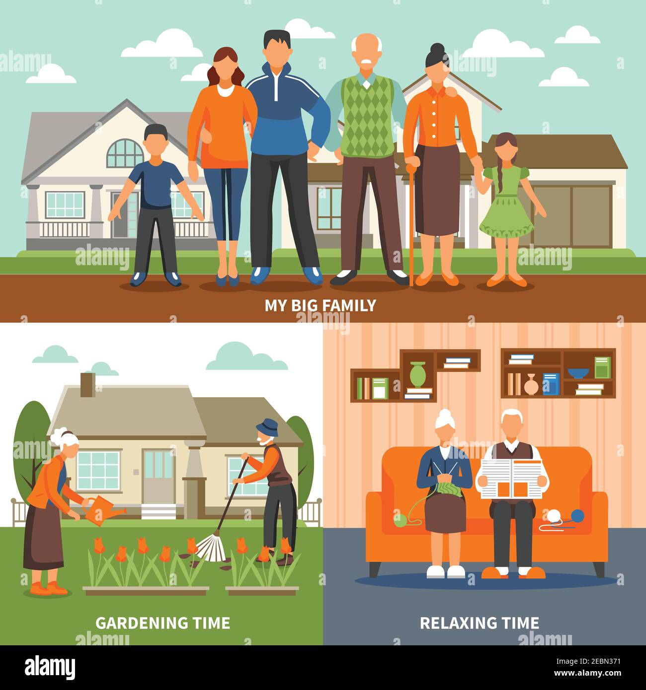 Old People Design-Konzept mit Familie gesichtslose Charaktere Kompositionen gesetzt Indoor entspannende und Outdoor-Gartenarbeit Aktivitäten Vektor-Illustration Stock Vektor