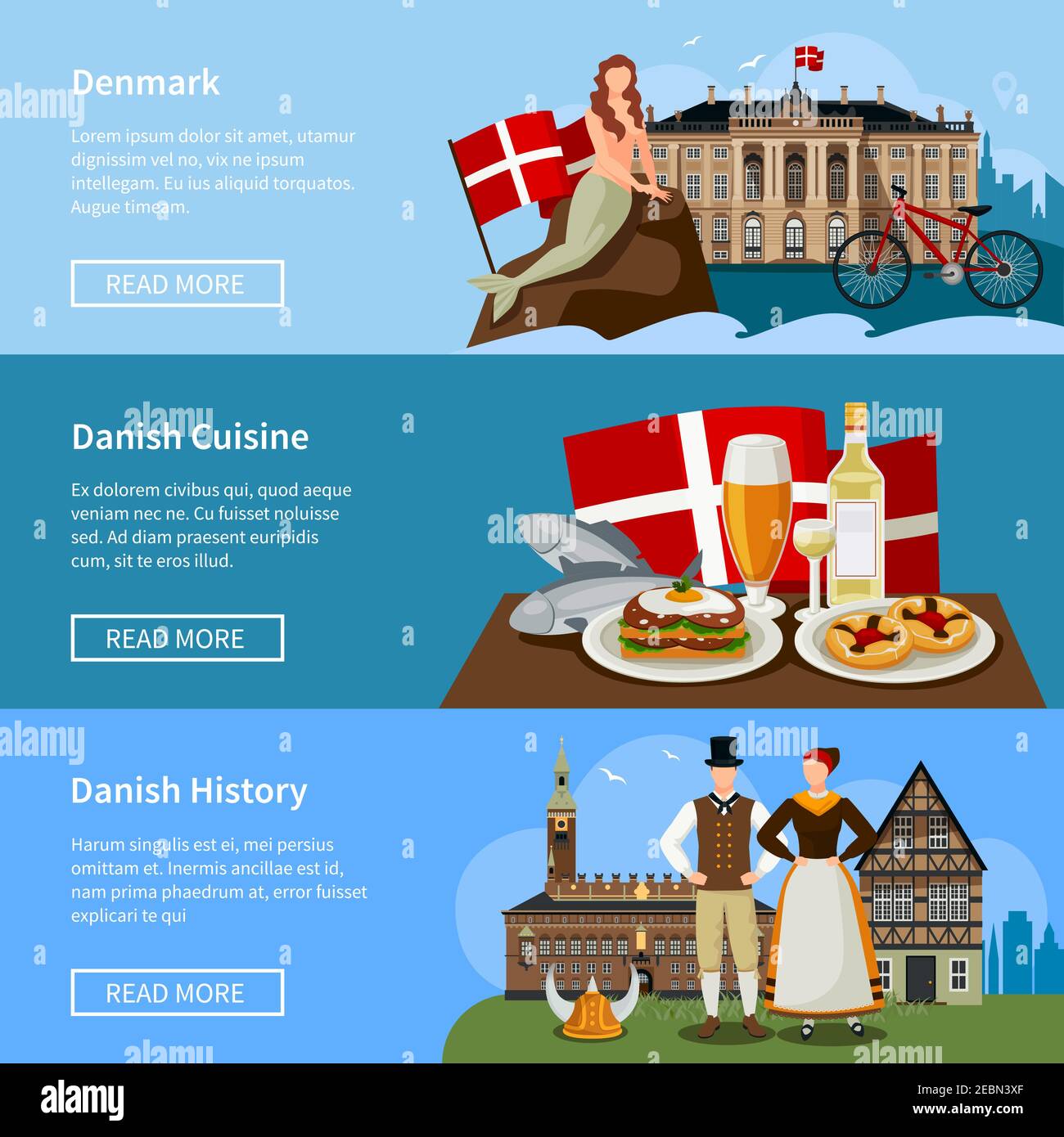 Set von flachen Stil Banner mit dänischen Wahrzeichen Geschichte und Küche auf blauem Hintergrund isoliert Vektor-Illustration Stock Vektor