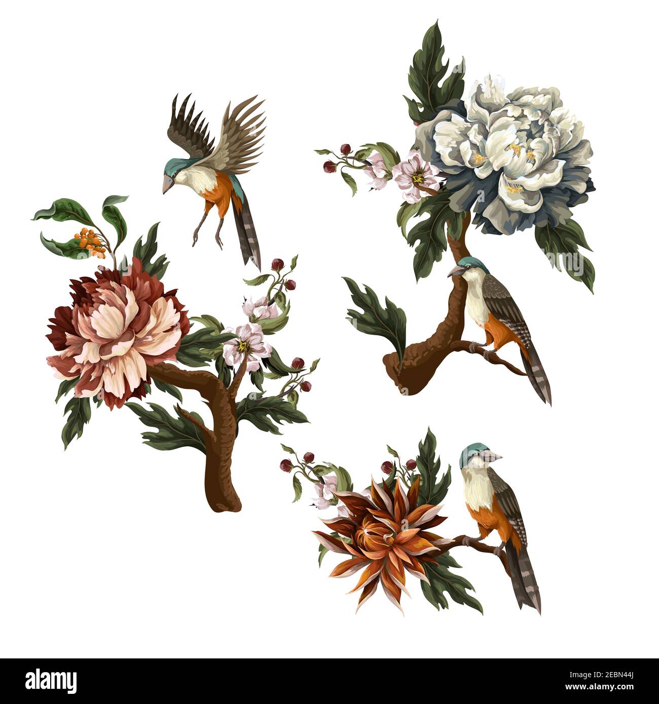 Vintage dunkle Blumensträuße mit Pfingstrose, Rose und Vogel isoliert. Vektor. Stock Vektor