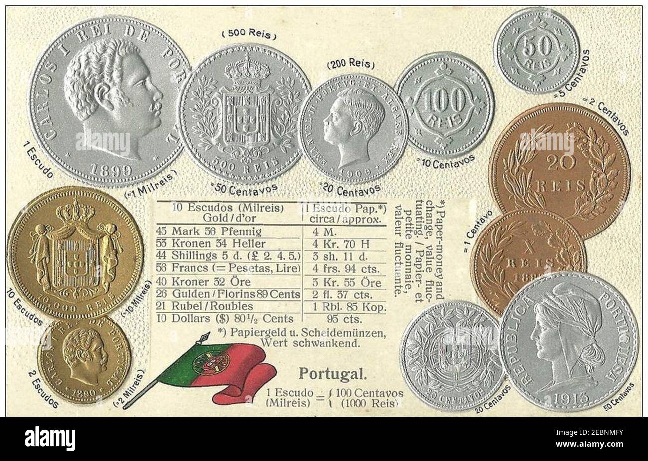 Numismatische Postkarte aus der Republik Portugal. Stockfoto