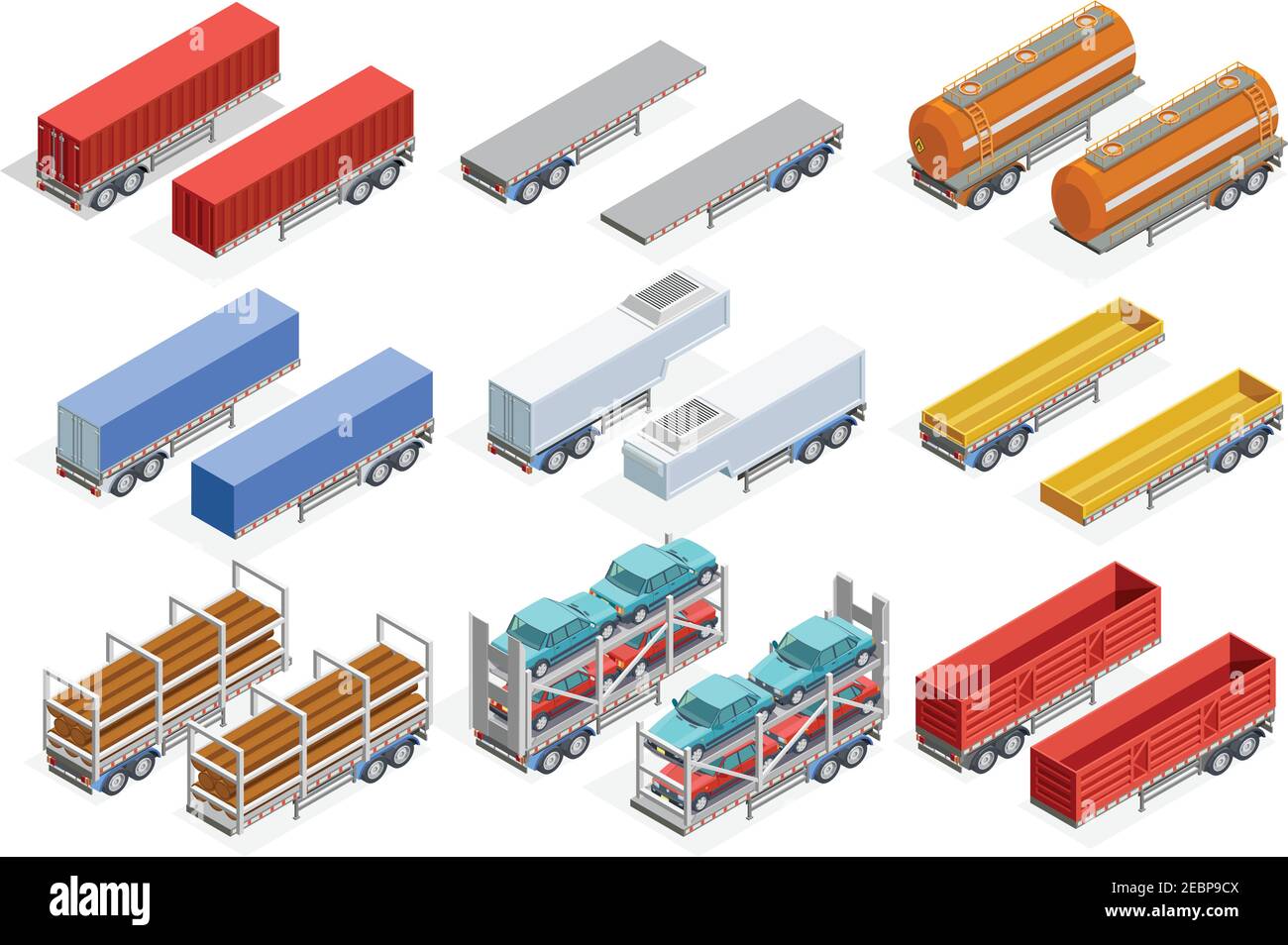 Anhänger isometrische Satz von verschiedenen Bau für den Transport verschiedener Arten Der Ladung isoliert Vektor-Illustration Stock Vektor