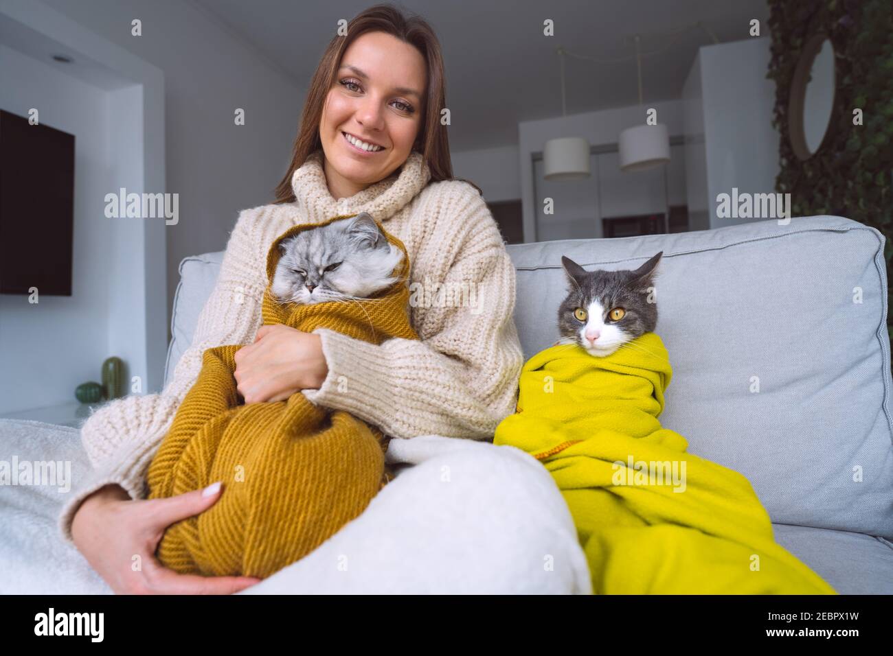 Frau in kuscheligen Pullover mit ihren Katzen Gefühl kalt und Erwärmung unter einer Decke Stockfoto