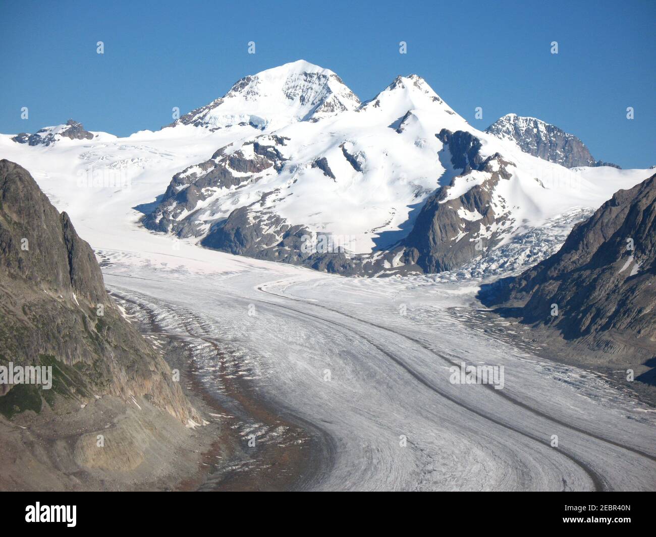 Aletschgletscher, Jungfraujoch, Moench und Trugberg, Schweiz, großer Aletschgletscher, Westalpen, größter Gletscher, Länge 14 mi (23 km) Stockfoto