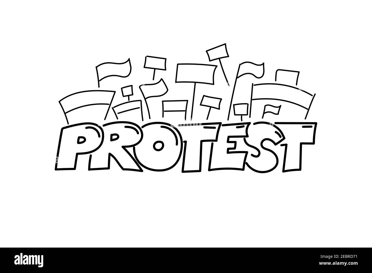 Handgezeichnetes Design mit Schriftzug aus Protest Action. Protestierende Menschen drängen sich mit Spruchbändern, Fahnen und Plakaten hinter der Inschrift. Revolution, Demonstration und Manifestation Konzept Vektor eps Illustration Stock Vektor