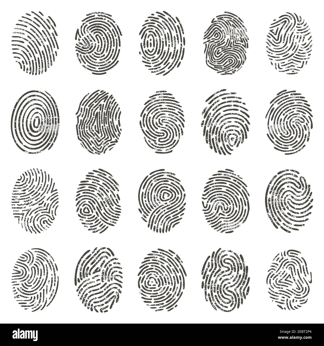 Biometrische Fingerabdrücke. Menschliche Grunge individuelle Fingerabdrücke, biometrische Daumenlinien und Handmarken. Vektordarstellung zur Identifizierung von Fingerabdrücken Stock Vektor