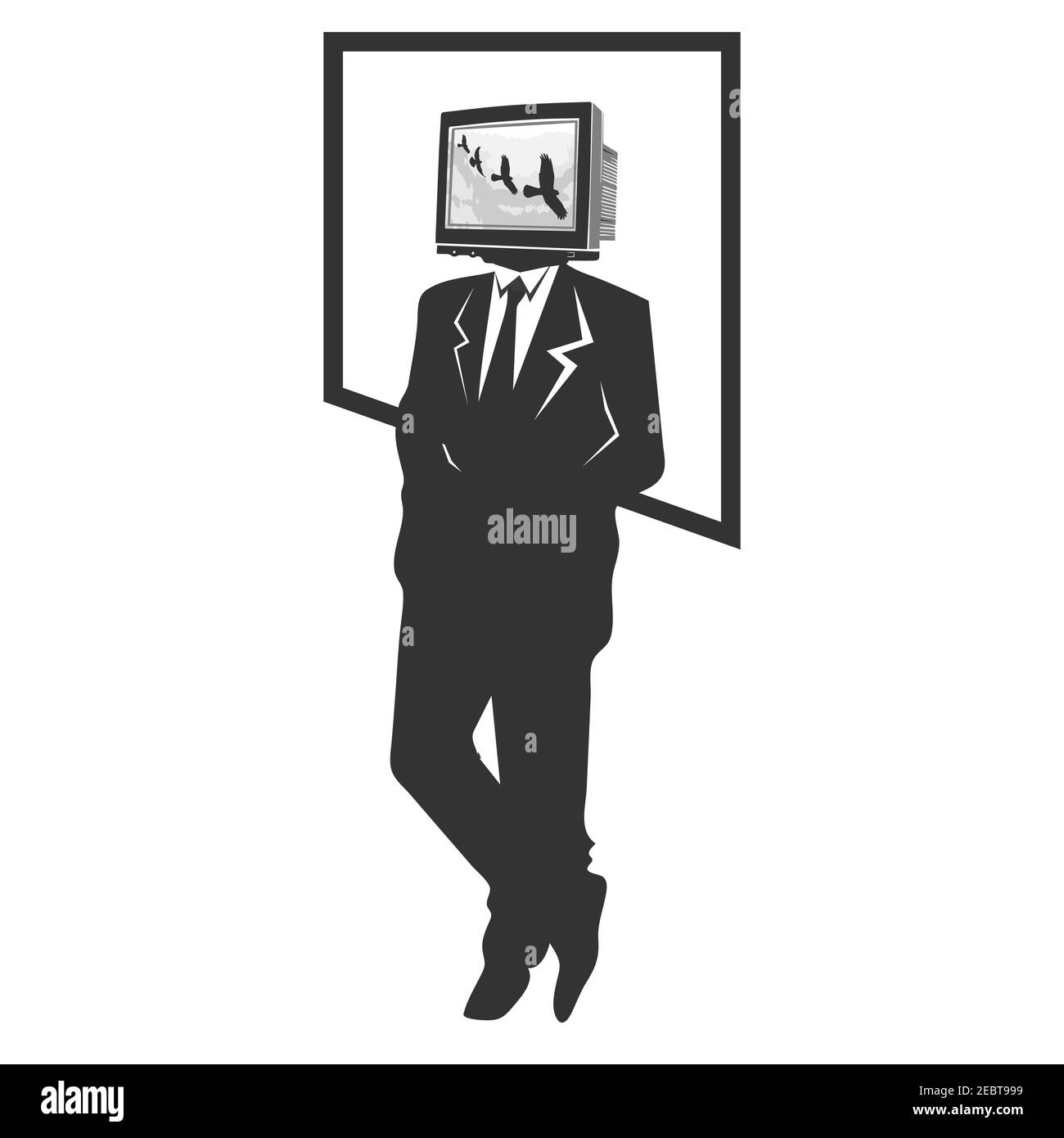Mann mit TV-Kopf in tv-sucht-Konzept auf der schwarz-weiß-Stil. Vektorgrafik EPS,8 EPS,10 Stock Vektor