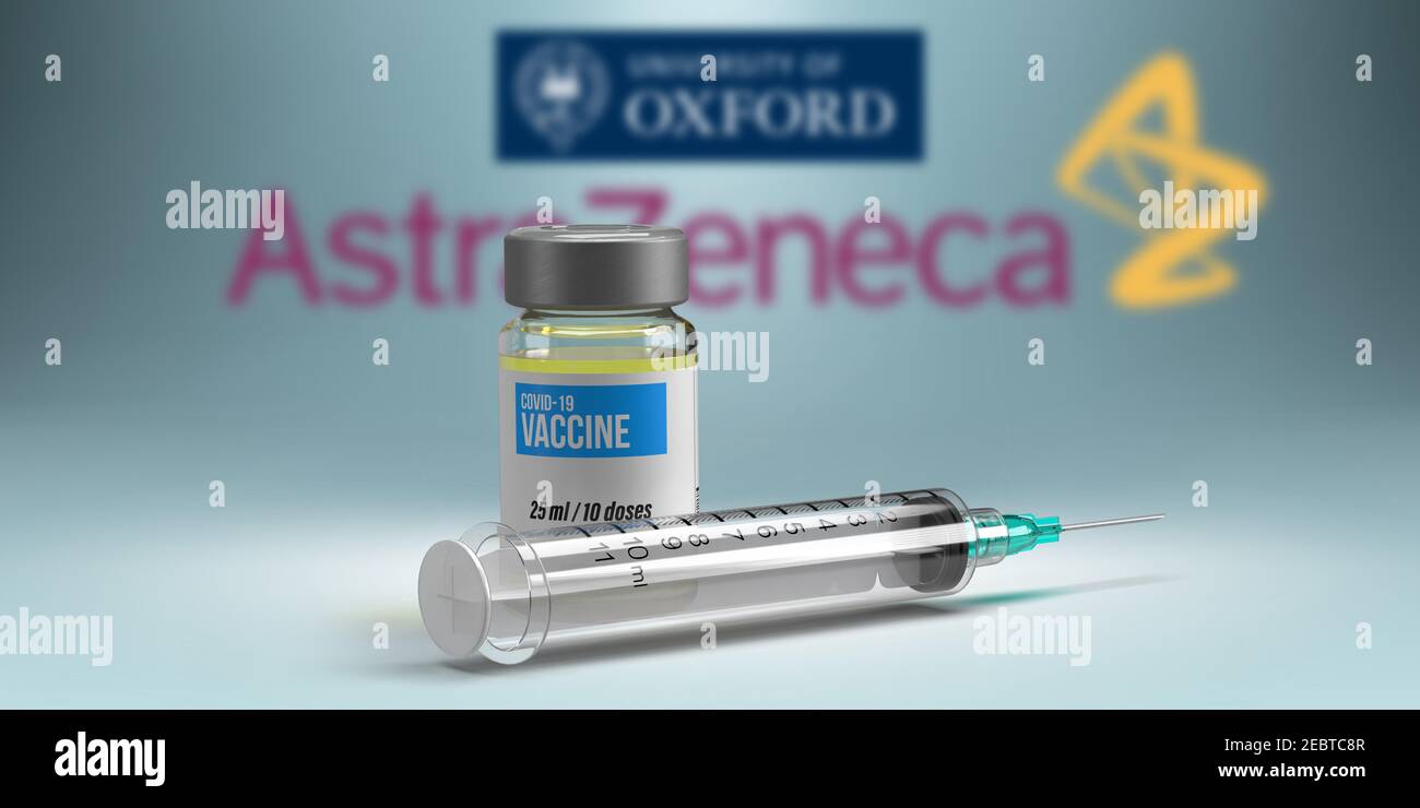 Covid-19-Impfstoff und Geschäftskonzept: 3D gerenderte Coronavirus-Impfstoffflasche und -Spritze vor de-Focus UNIVERSITY OF OXFORD und ASTRAZENECA Stockfoto