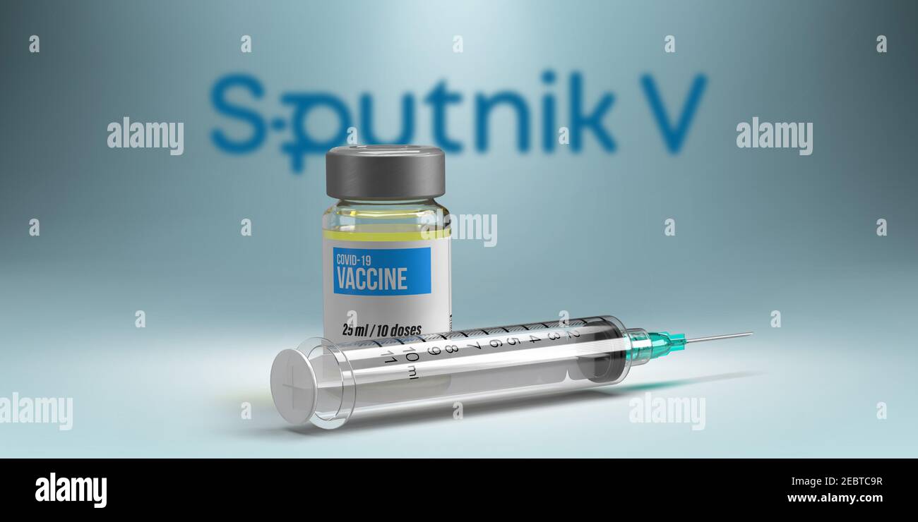 Covid-19-Impfstoff und Geschäftskonzept: 3D gerenderte Coronavirus-Impfstoffflasche und -Spritze vor dem de-FOCUS SPUTNIK V Pharma-Firmenlogo. Stockfoto