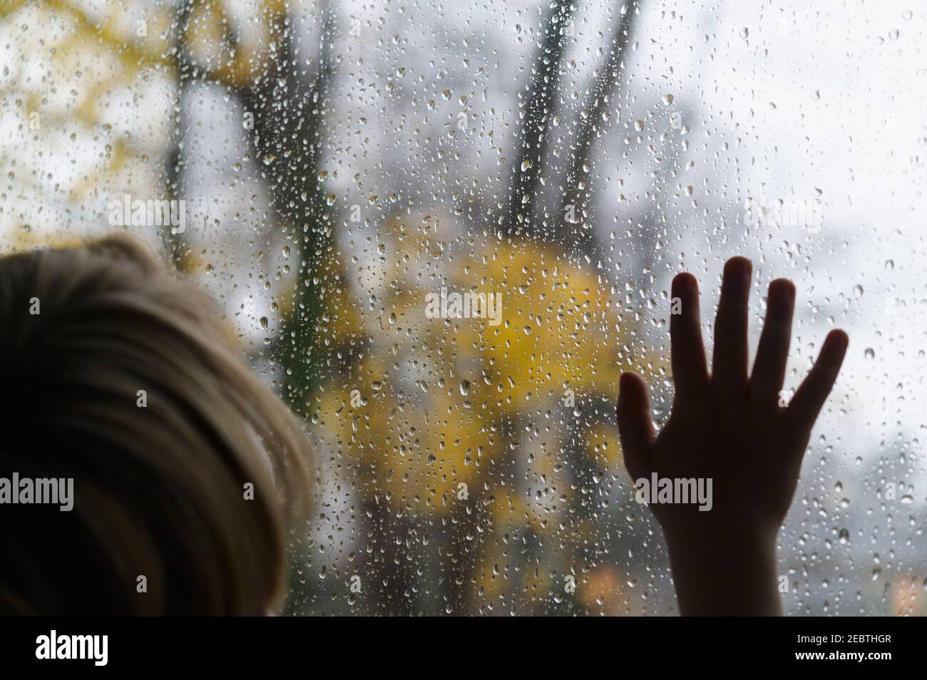 Nahaufnahme eines Jungen (6-7), der am regnerischen Tag durch das Fenster schaute Stockfoto