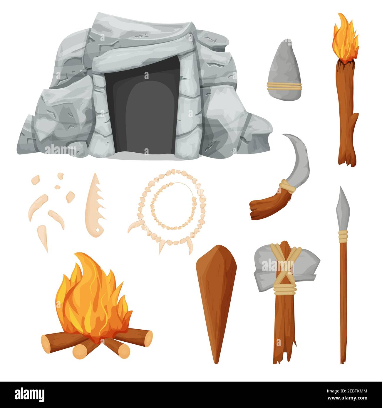 Steinzeit Set mit barbarischen Höhle, Halskette aus Knochen, Werkzeuge und Waffe aus Stein und Holzstäbchen in Cartoon-Stil isoliert auf weißem Hintergrund sto Stock Vektor