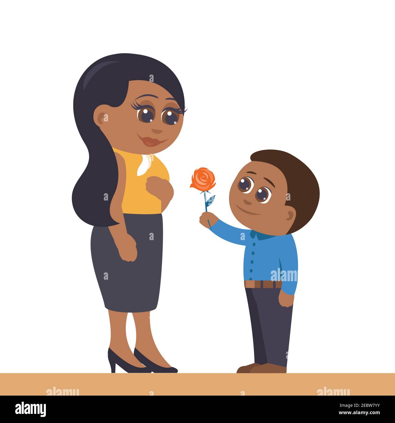 Der kleine Sohn schenkt der Mutter eine Rosenblüte. Mutter ist sehr glücklich. Afroamerikanische Familie. Vector Flat Illustration im Cartoon-Stil. Stock Vektor