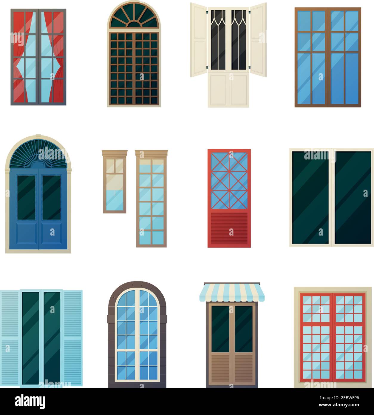 Muntin Holz und Metall Bars Fensterpaneele flache Symbole gesetzt Mit runden und rechteckigen Elementen isolierte Vektordarstellung Stock Vektor