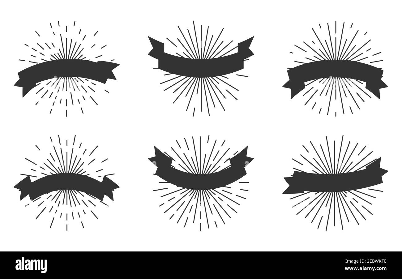 Retro Silhouette schwarze Bänder mit Sunburst, Icon Set. Leere verschiedene Form einfache Bänder mit Platz für Text. Hintergrund Stil alten Vintage Licht Strahlen. Vorlage für Webposter. Vektorgrafik Stock Vektor