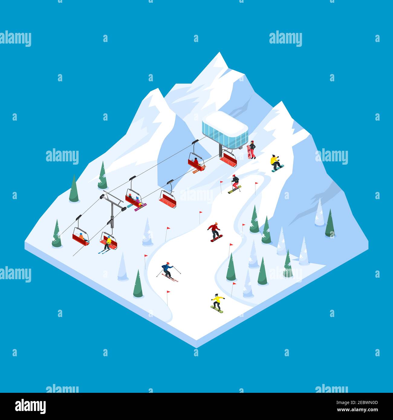 Skilift isometrisch geflieste Landschaft Design mit verkleinerten verschneiten Bergpiste mit Wimpel und Skifahrer Vektor-Illustration Stock Vektor