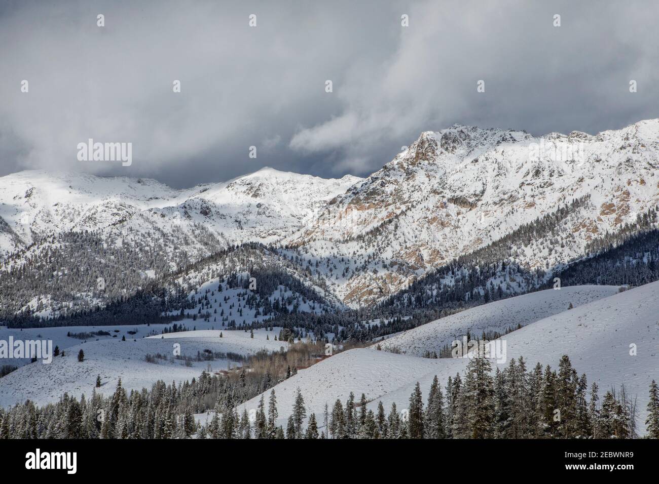 USA, Idaho, Sun Valley, Landschaft mit Boulder Mountains im Winter Stockfoto