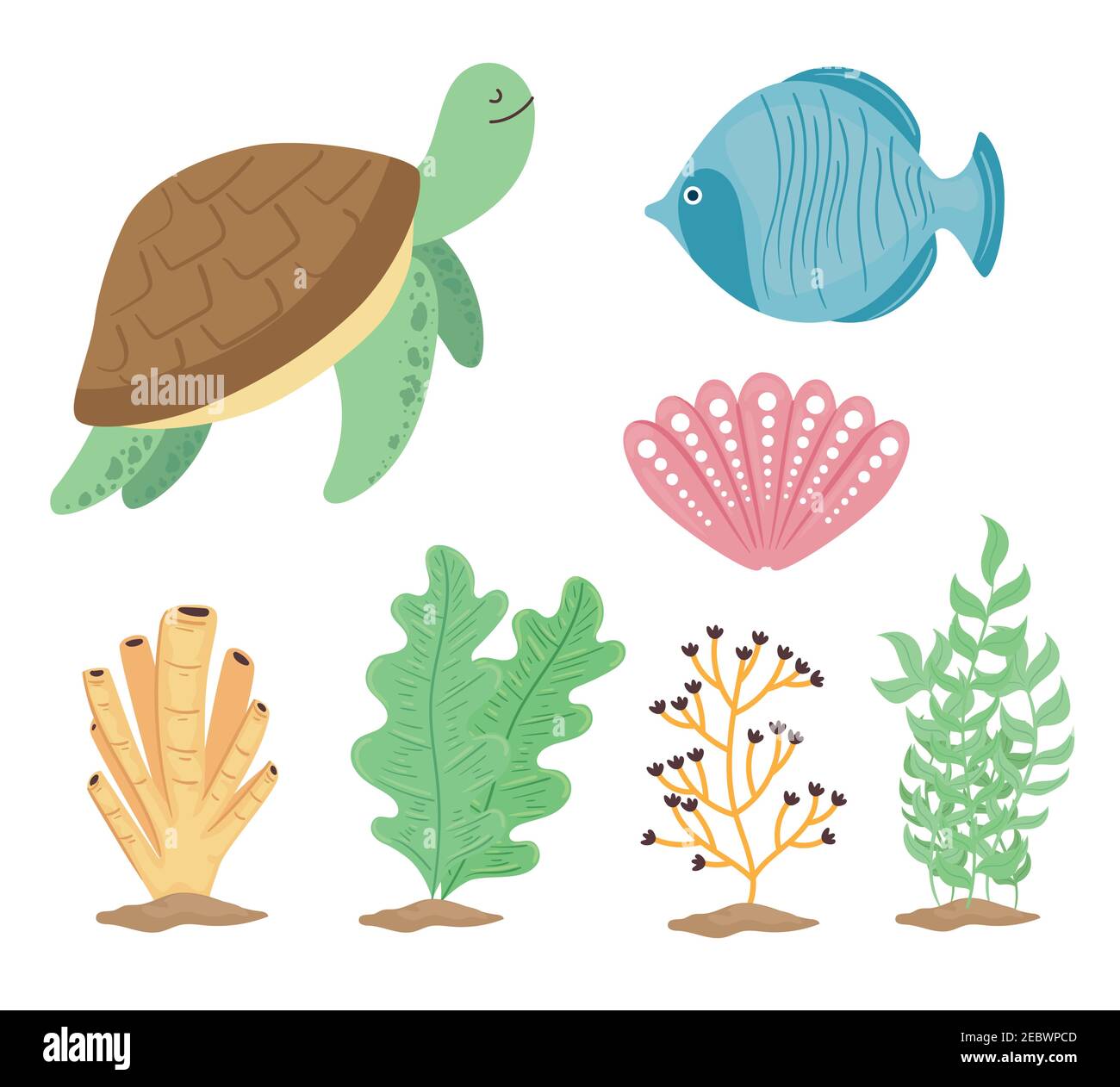 Bündel von sieben Unterwasser-Welt-Set-Symbole Stock Vektor