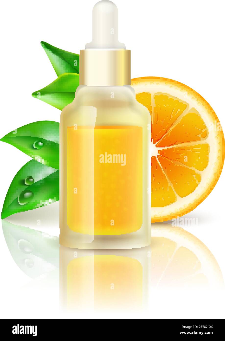 Natürliche Zitrusfrüchte Vitamin C transparent Tropfen Flasche mit konzentriert Orange Saft realistisches Bild mit Reflexion Vektor Illustration Stock Vektor