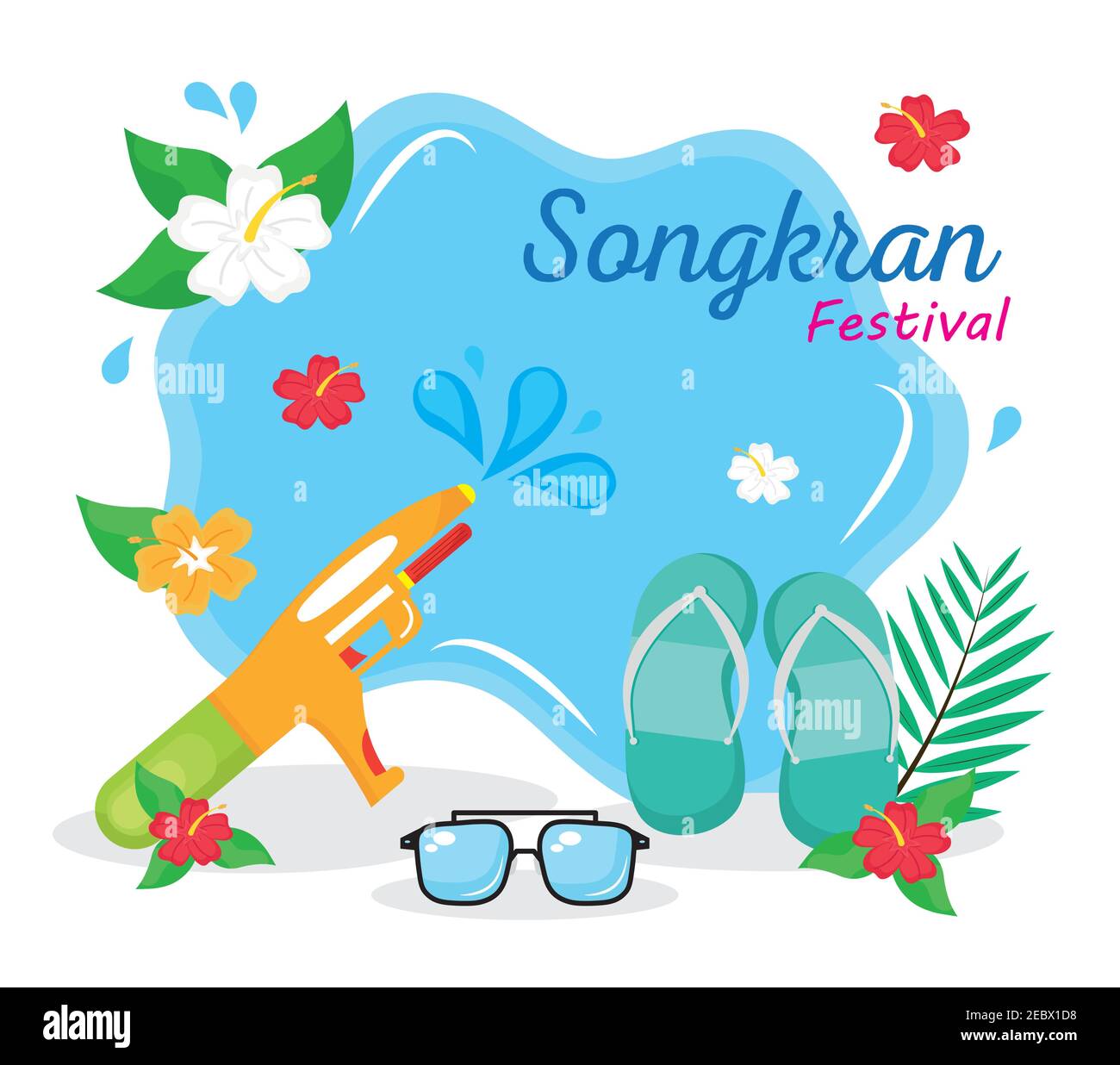 Happy songkran Festival Schriftzug mit Wasserpistole und Brille Stock Vektor