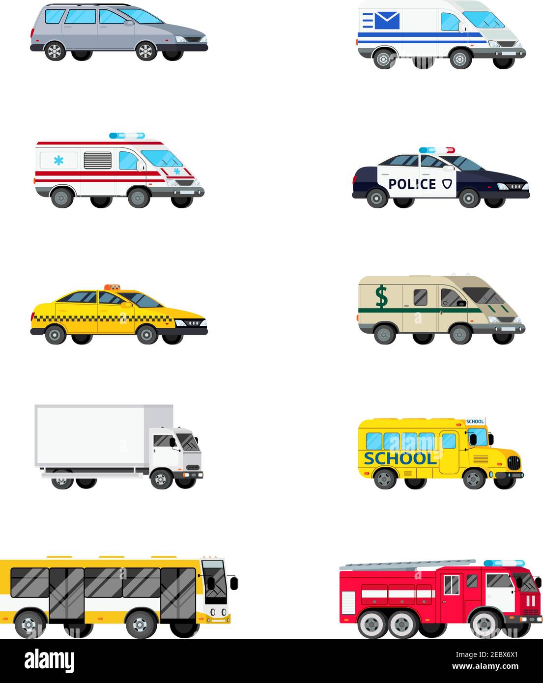 Orthogonale Auto-Transport-Symbole mit zehn isolierten Bildern von eingestellt Leichte Ladung und Spezialfahrzeuge Vektor-Illustration Stock Vektor