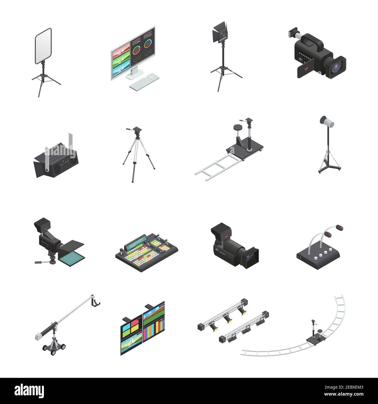 Set aus sechzehn isolierten Video- und Fernsehübertragungsstudios Isometrische Symbole, einschließlich Kameras und Lichtvektoren Stock Vektor