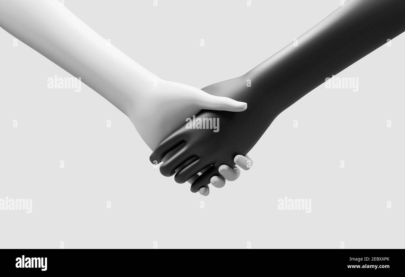 Moderne schwarz-weiße 3D gerenderte Handshake-Tapete mit weißen und schwarzen Händen. Stockfoto