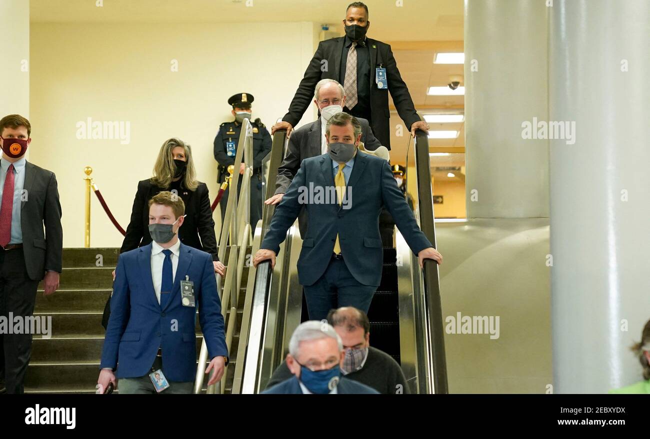 Washington, Usa. Februar 2021, 12th. Sen. Ted Cruz R-Tex. Wird am Freitag, den 12. Februar 2021 in der Capitol Subway im US Capitol in Washington, DC, USA gesehen. Heute stützten sich die Manager der Amtsenthebung auf ihren Fall, dass der ehemalige Präsident Donald Trump für den Angriff auf das US-Kapitol im Januar 6 verantwortlich sei. Foto von Leigh Vogel/Pool/ABACAPRESS.COM Quelle: Abaca Press/Alamy Live News Stockfoto