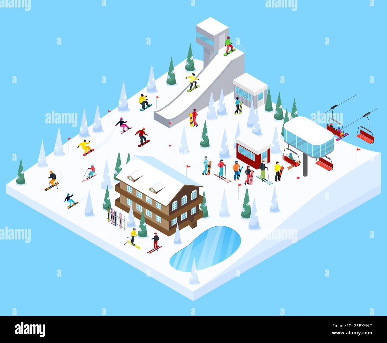 Bergresort Dorf isometrische Landschaft Konstruktor Element mit verkleinert Skisprungschanze Bäume Häuser Skisprungrampen Vektor-Illustration Stock Vektor