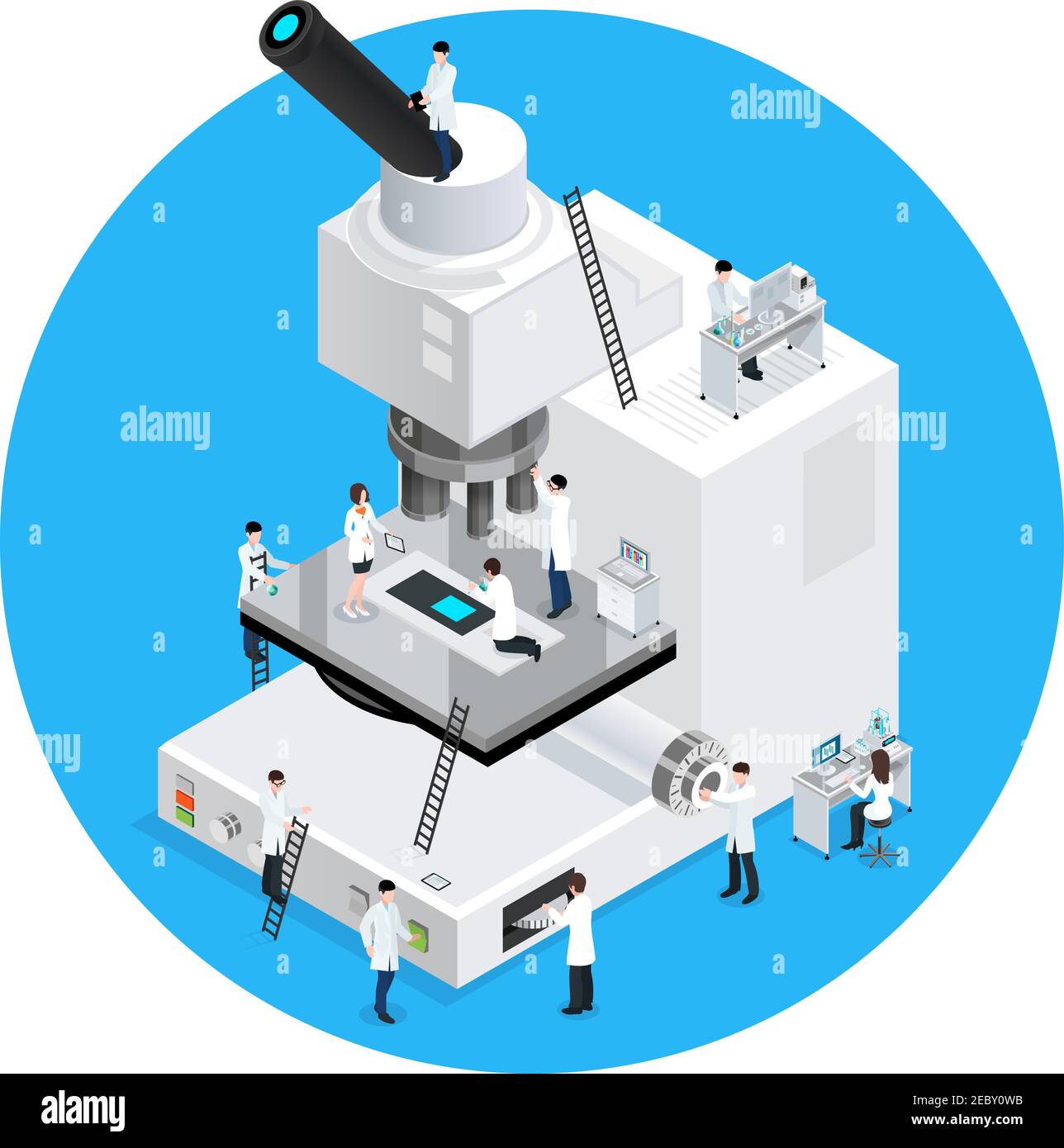 Mikroskop konzeptionelle runde Komposition mit isometrischem Bild des Mikroskops mit Figuren von Wissenschaftlern Zeichen in Kleidern Vektor-Illustration Stock Vektor