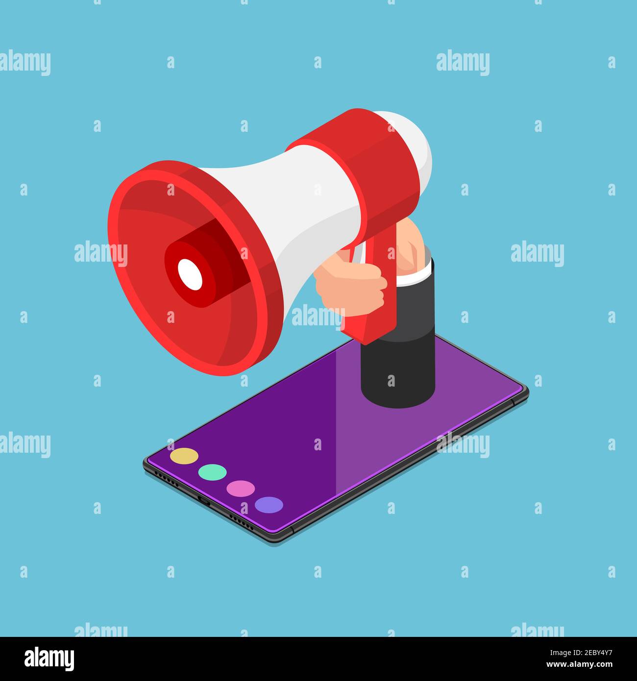 Flacher 3D isometrischer Lautsprecher oder Megaphon in der Hand auf dem Smartphone. Konzept für Ankündigung und Werbung. Stock Vektor