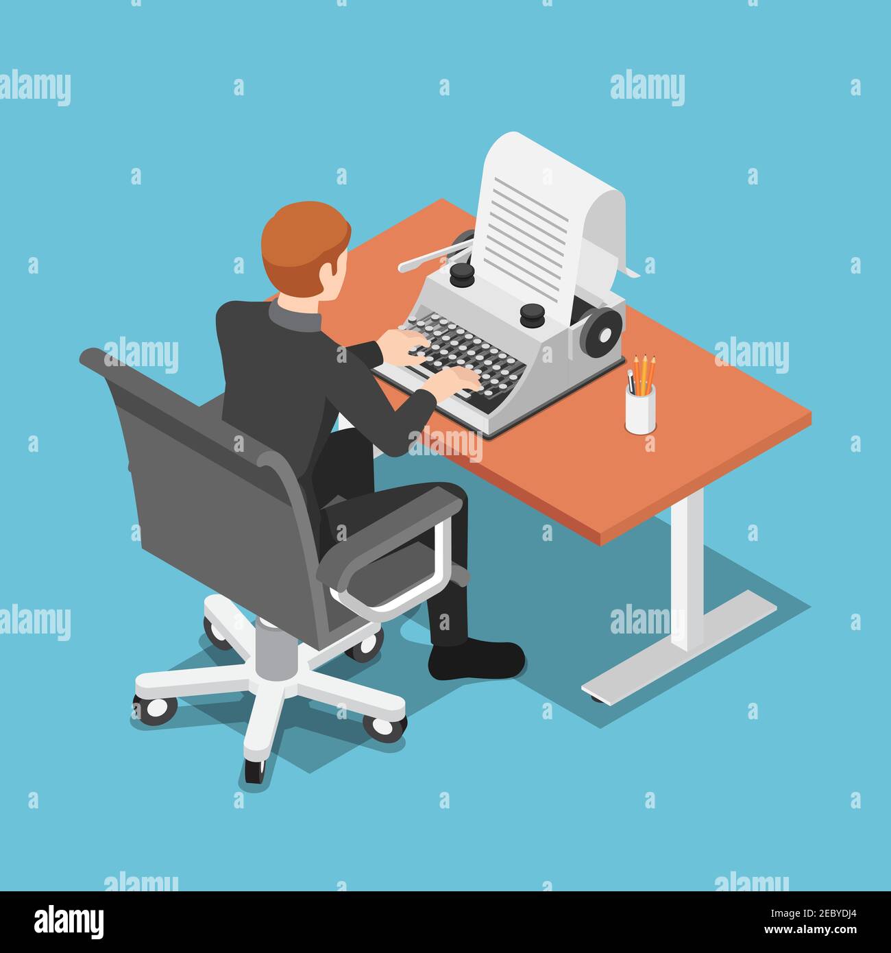 Wohnung 3D Isometrischer Geschäftsmann mit Schreibmaschine. Ghost Writer und Content Marketing Konzept. Stock Vektor