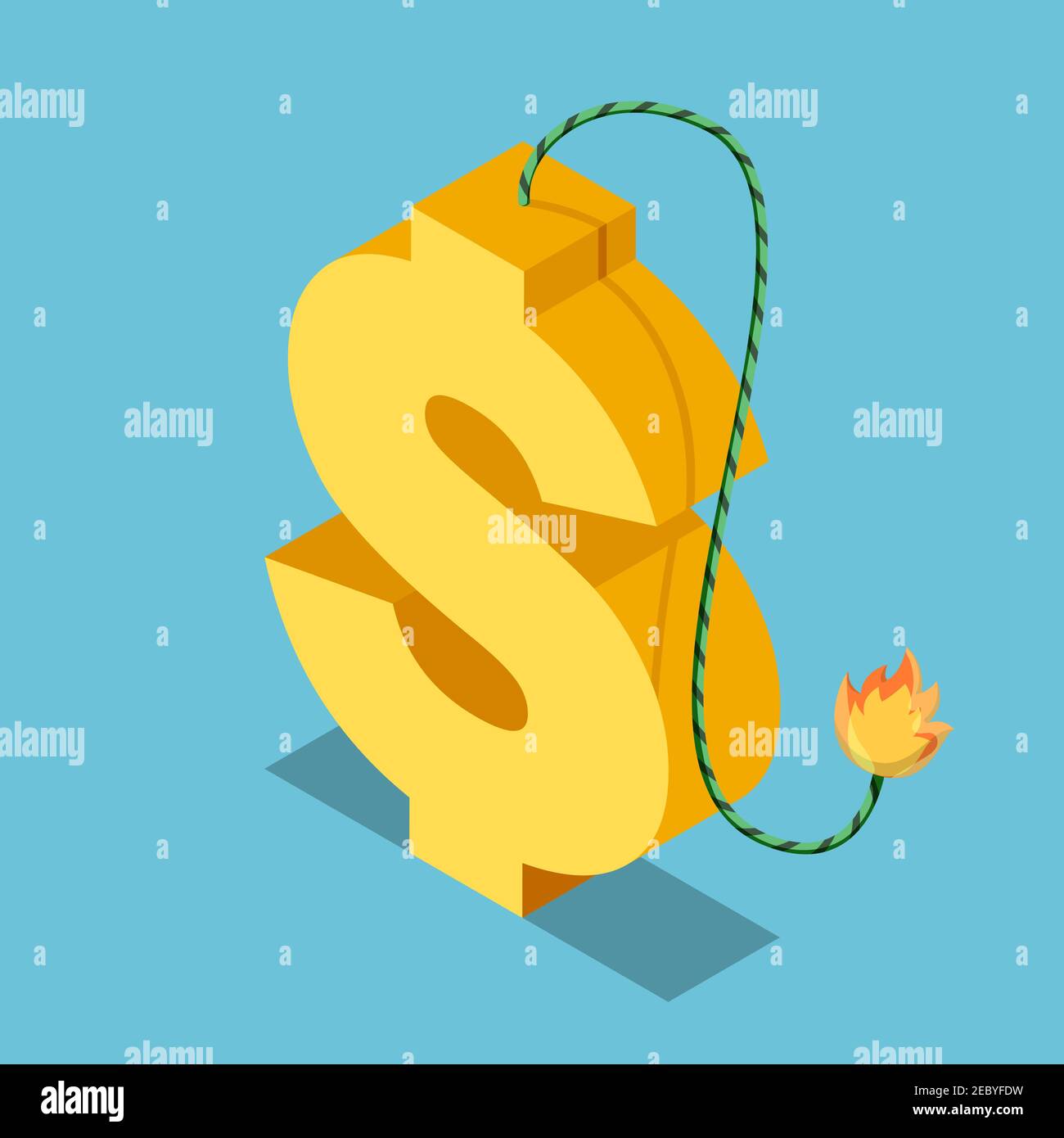 Flaches 3D isometrisches goldenes Dollar-Symbol mit brennender Sicherung. Finanz- und Wirtschaftskrise Konzept. Stock Vektor