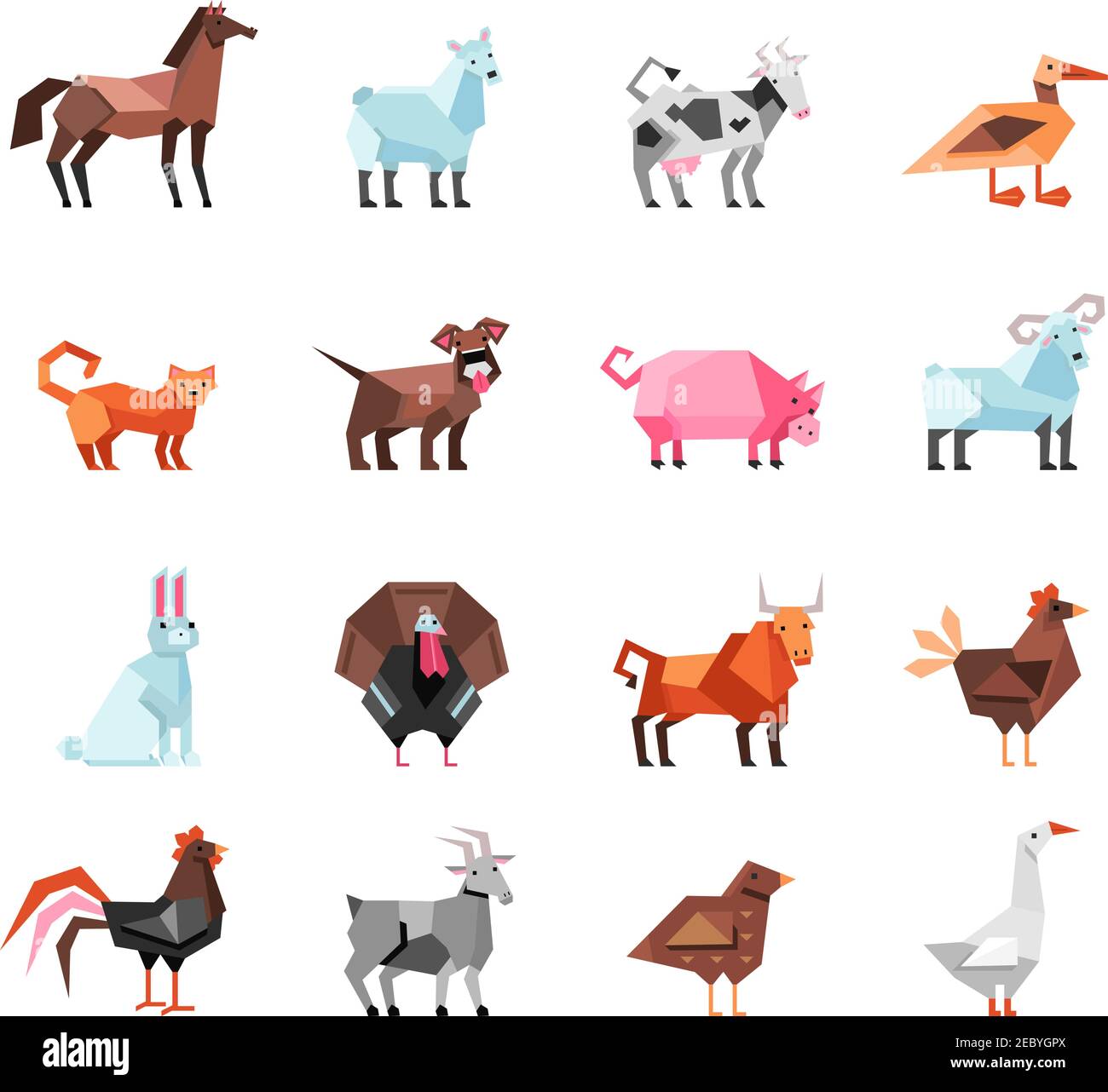 Geometrische Nutztiere und Vögel bunte Set isoliert auf weiß Hintergrund flache Vektorgrafik Stock Vektor