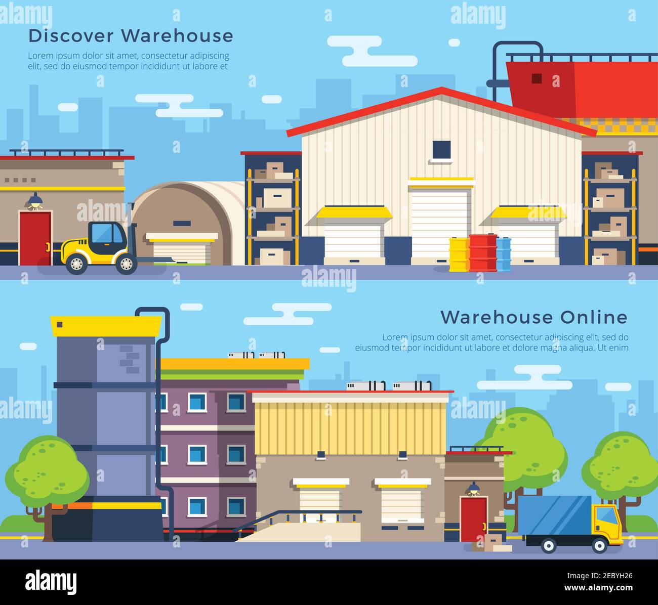Großes Lagergebäude in unterschiedlicher Form mit Transport für Waren Lieferung auf Stadtbild Hintergrund flache Banner isoliert Vektor-Illustration Stock Vektor