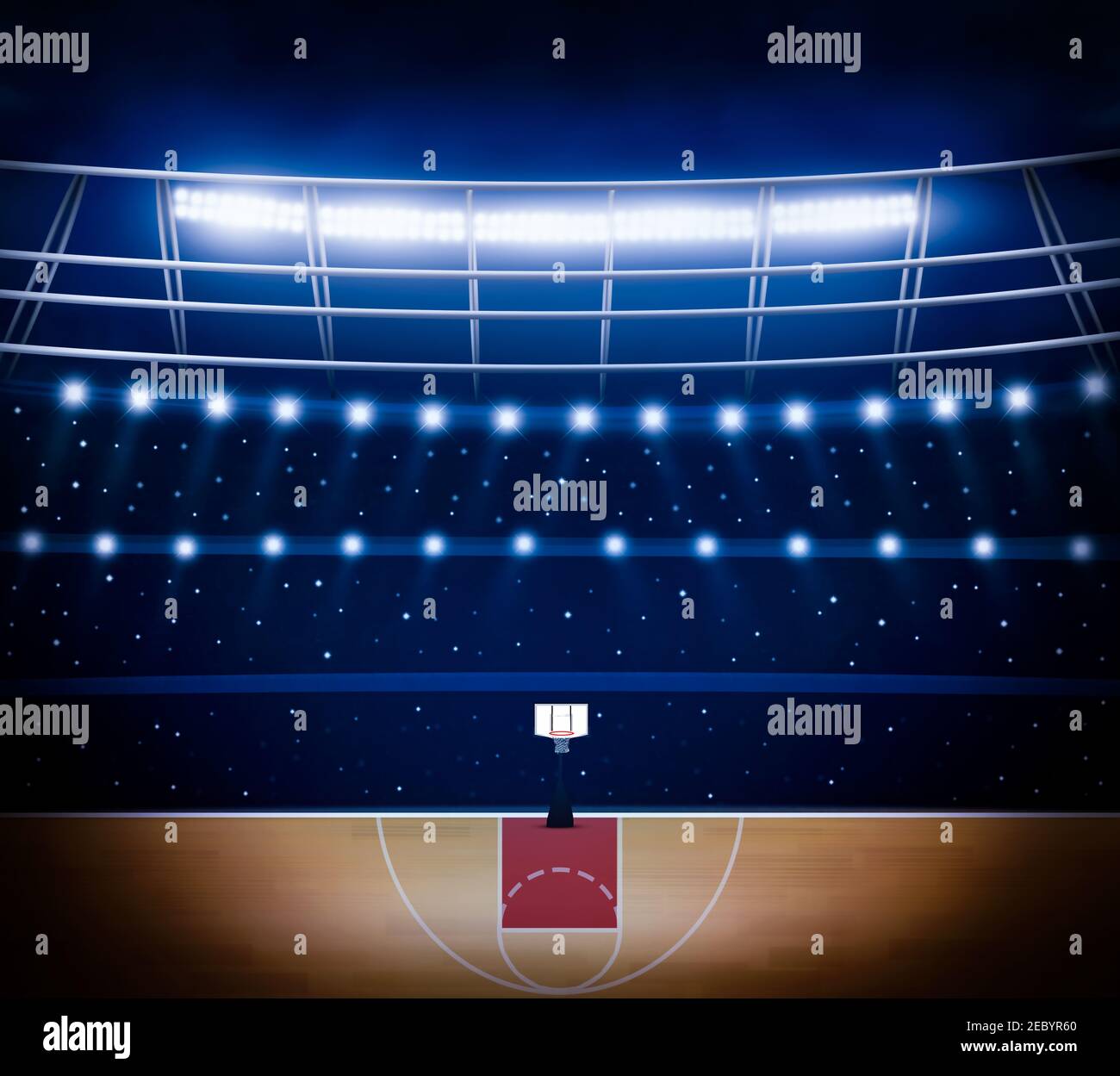 Basketballplatz Hintergrund mit Publikum und Beleuchtung. Neues Basketball-Court-Design Stockfoto