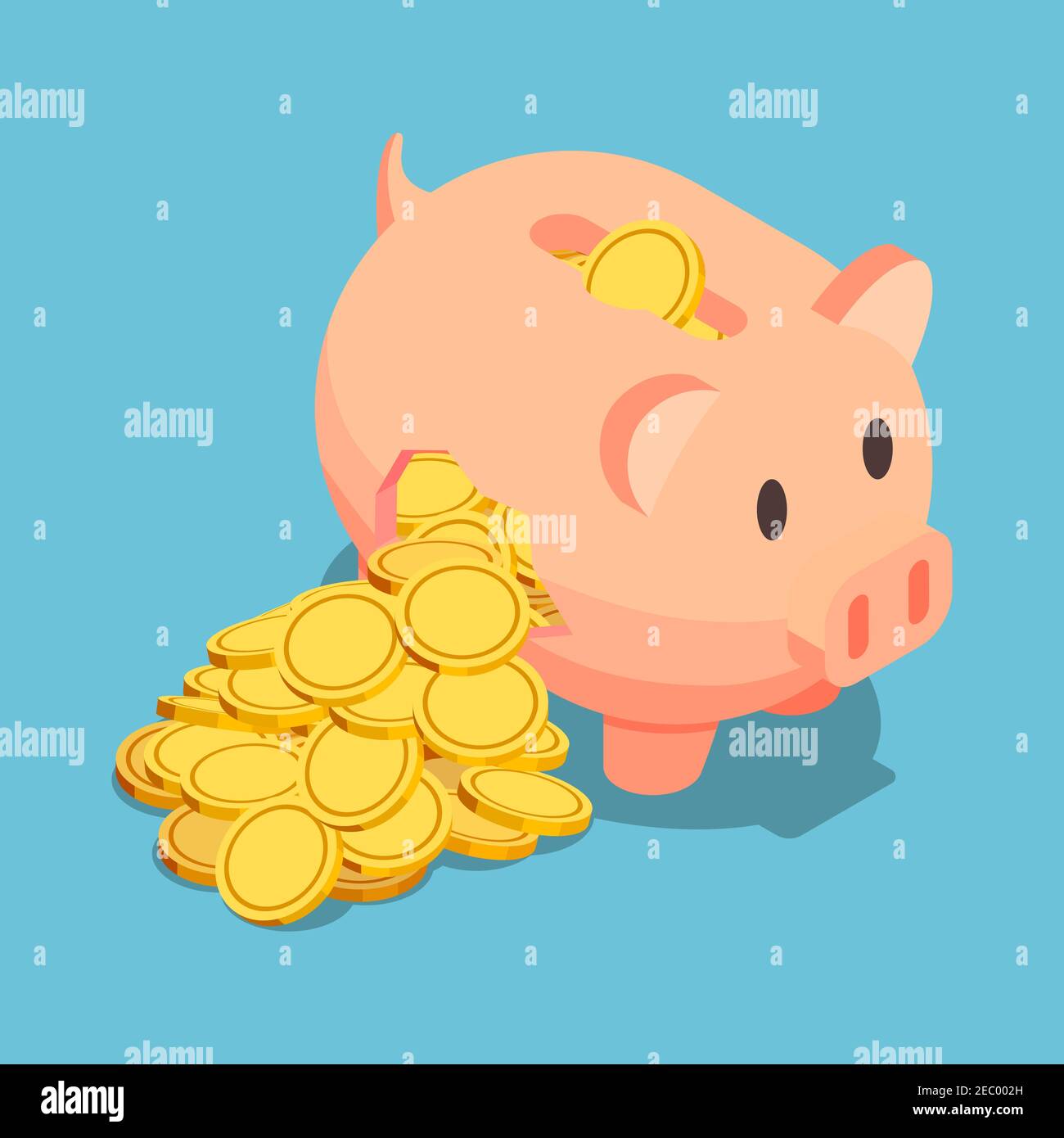 Flache 3D isometrische Goldmünze kommen aus Broken Piggy Bank. Konzept Der Finanzkrise. Stock Vektor