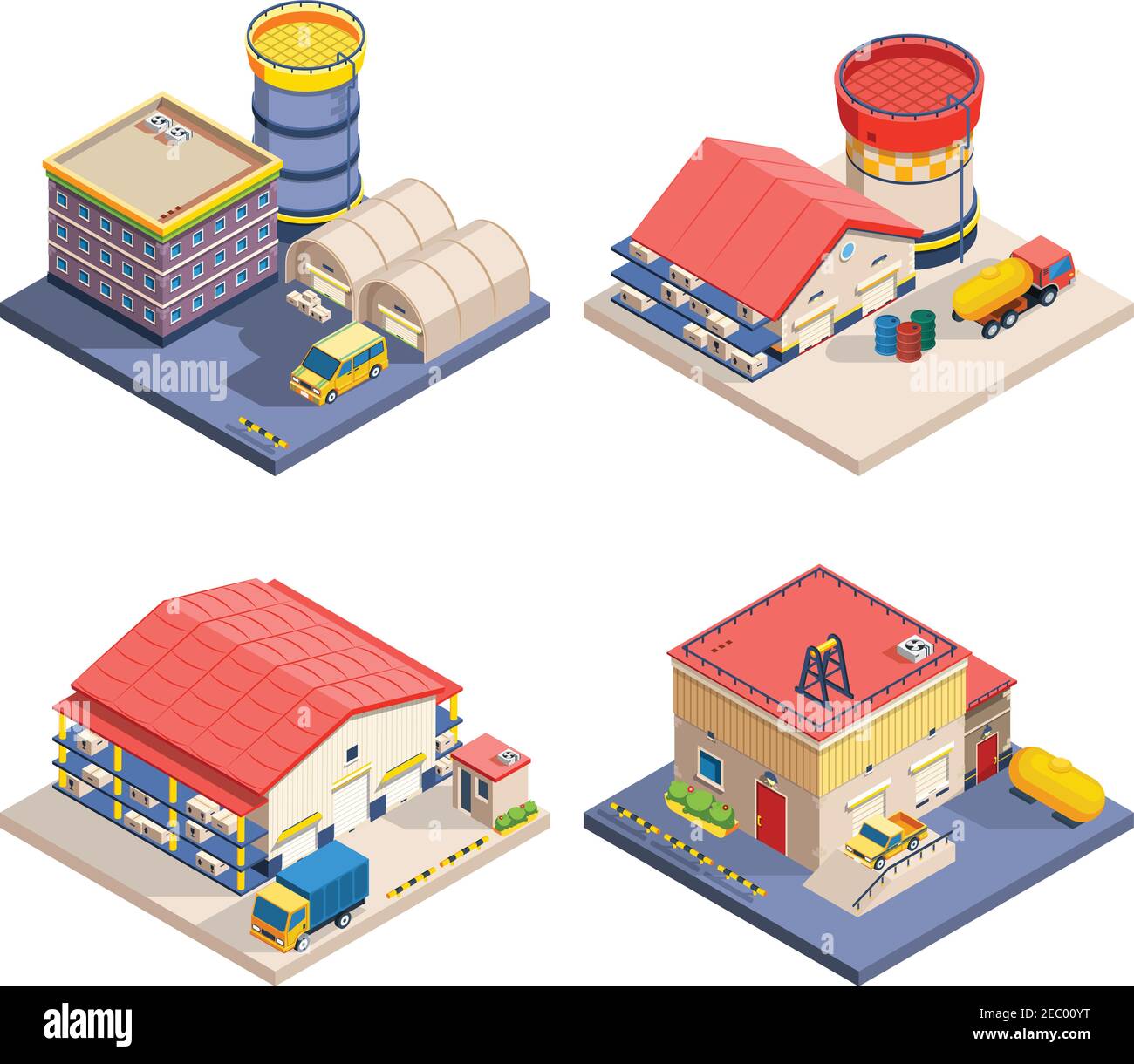 Lagergebäude unterschiedlicher Größe mit isometrischen Symbolen für den Gütertransport Auf weißem Hintergrund isolierte Vektordarstellung Stock Vektor