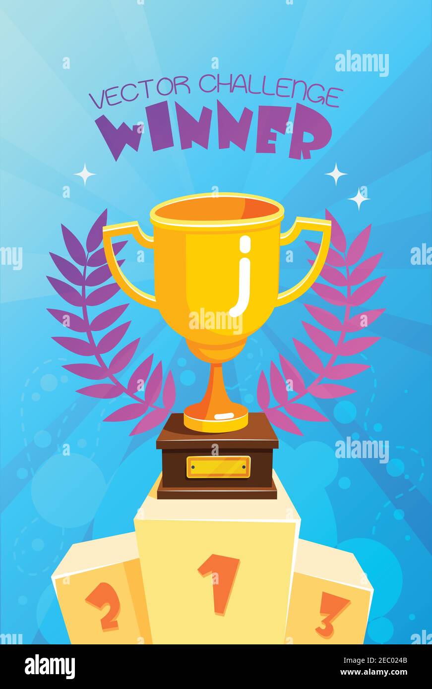 Vector Challenge Gewinner goldene Trophäe mit symbolischen Olivenblätter Preis Auf dem Podium mit blauen Blasen Hintergrund abstrakte Illustration Stock Vektor