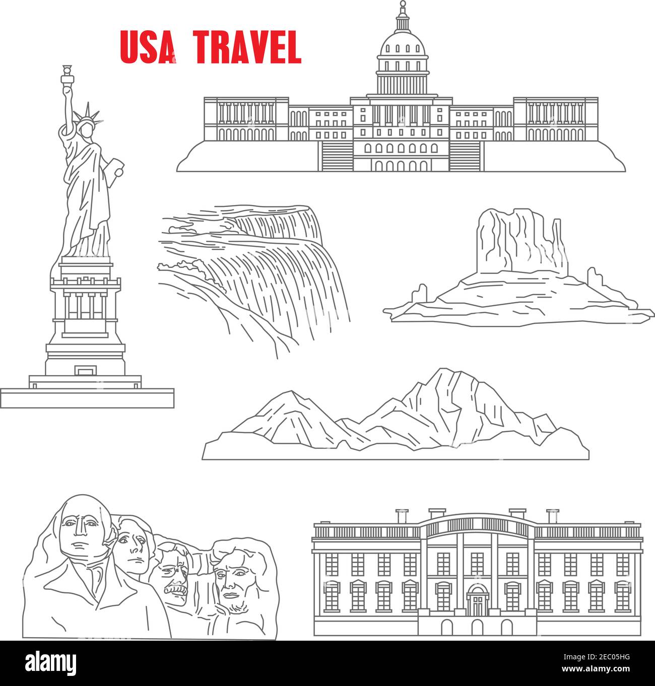 Berühmte Wahrzeichen der USA für Reise-Design mit dünnen Linien Ikonen des Mount Rushmore National Memorial, die Freiheitsstatue, Grand Canyon, Capitol, Pfingsten Stock Vektor