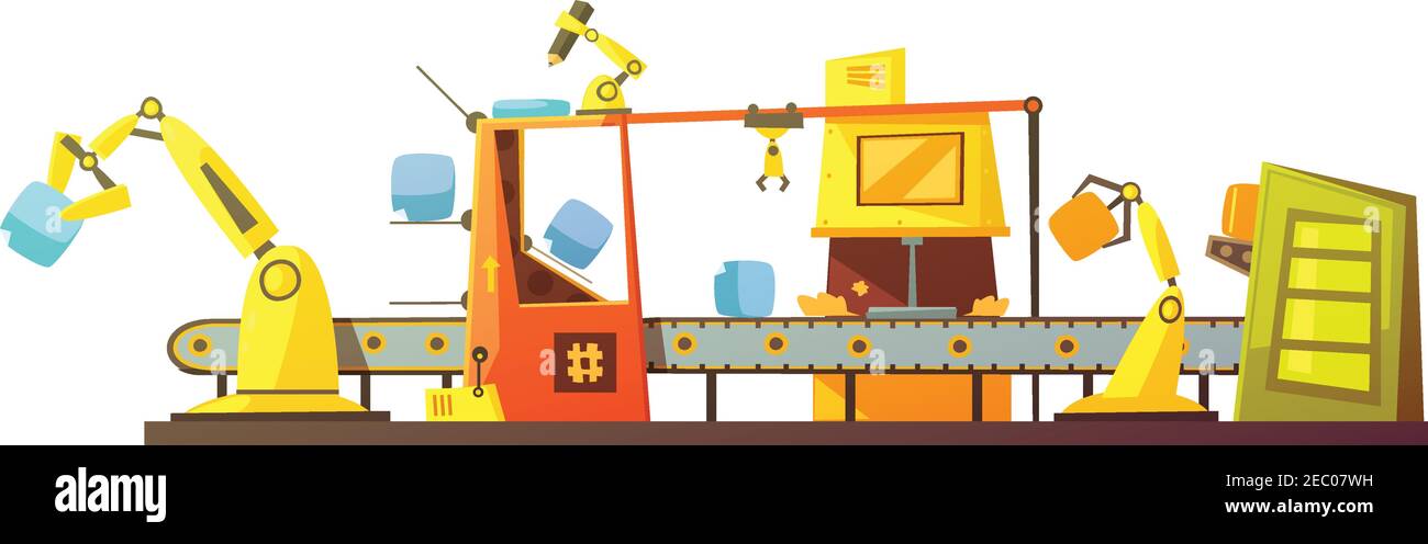 Automatische Bestandslinienverwaltung mit moderner Robotertechnik im Retro-Look Cartoon-Stil Banner drucken Schema Vektor Illustration Stock Vektor